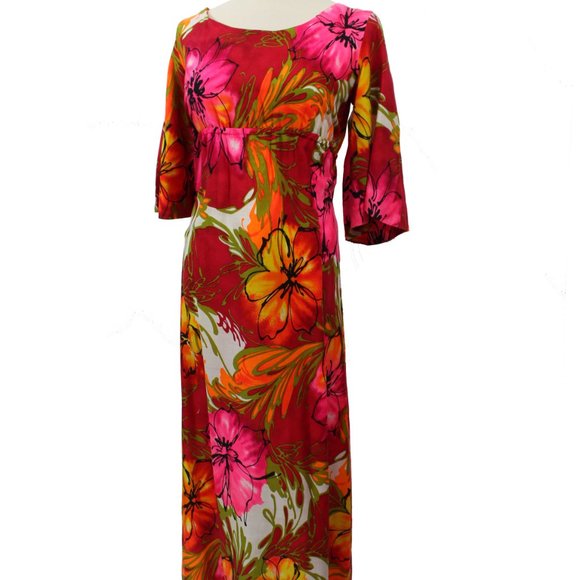 SOLD Vintage 1960s Red Pink Floral Hawaiian Maxi Dress Made in Hawaii - Picture 4 of 6